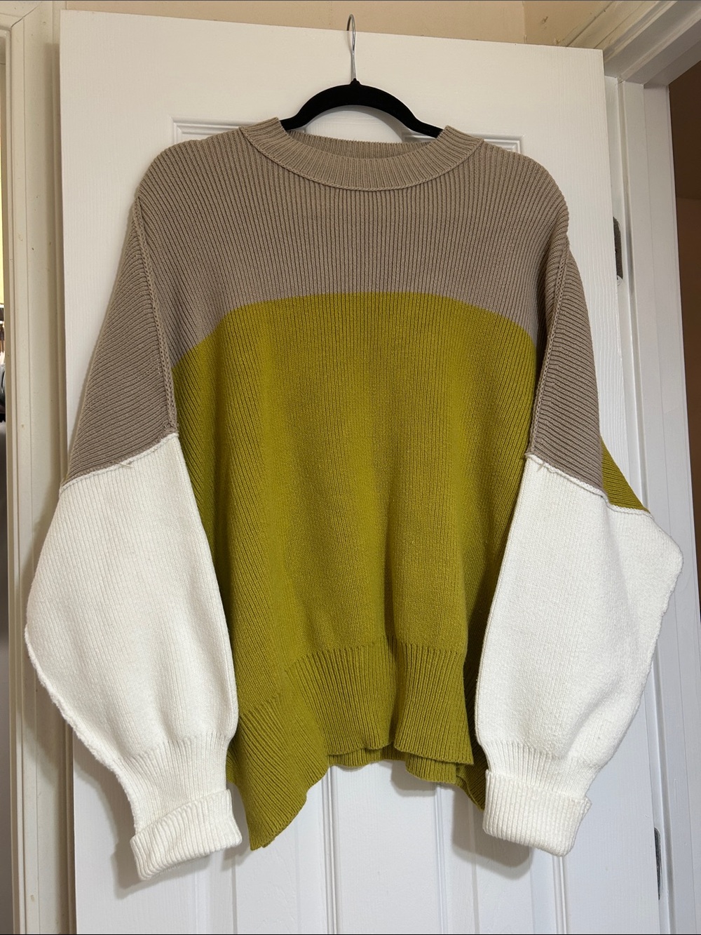 Free People Colorblock Crew Sweater in Olive Green, Taupe & White